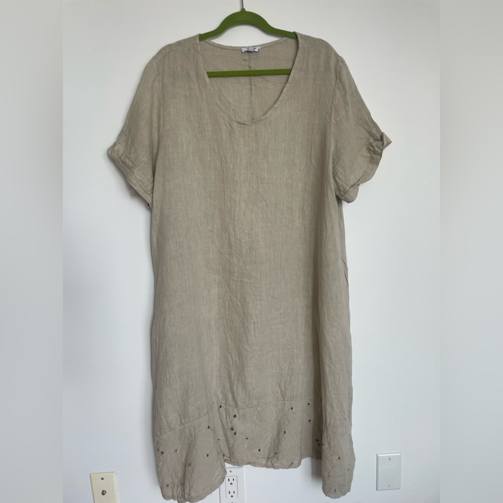 Rosemarine 100% Linen Midi Dress Taupe Eyelet Hem 1X Plus Size Made In Italy